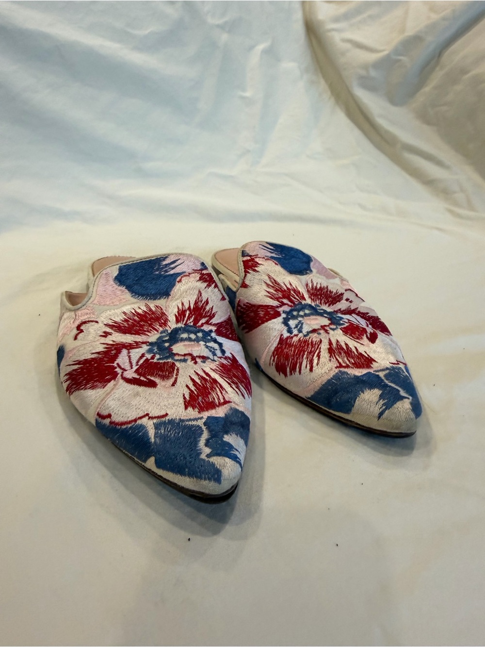 J. Crew Floral Pointed Mules in Red, Blue & Cream